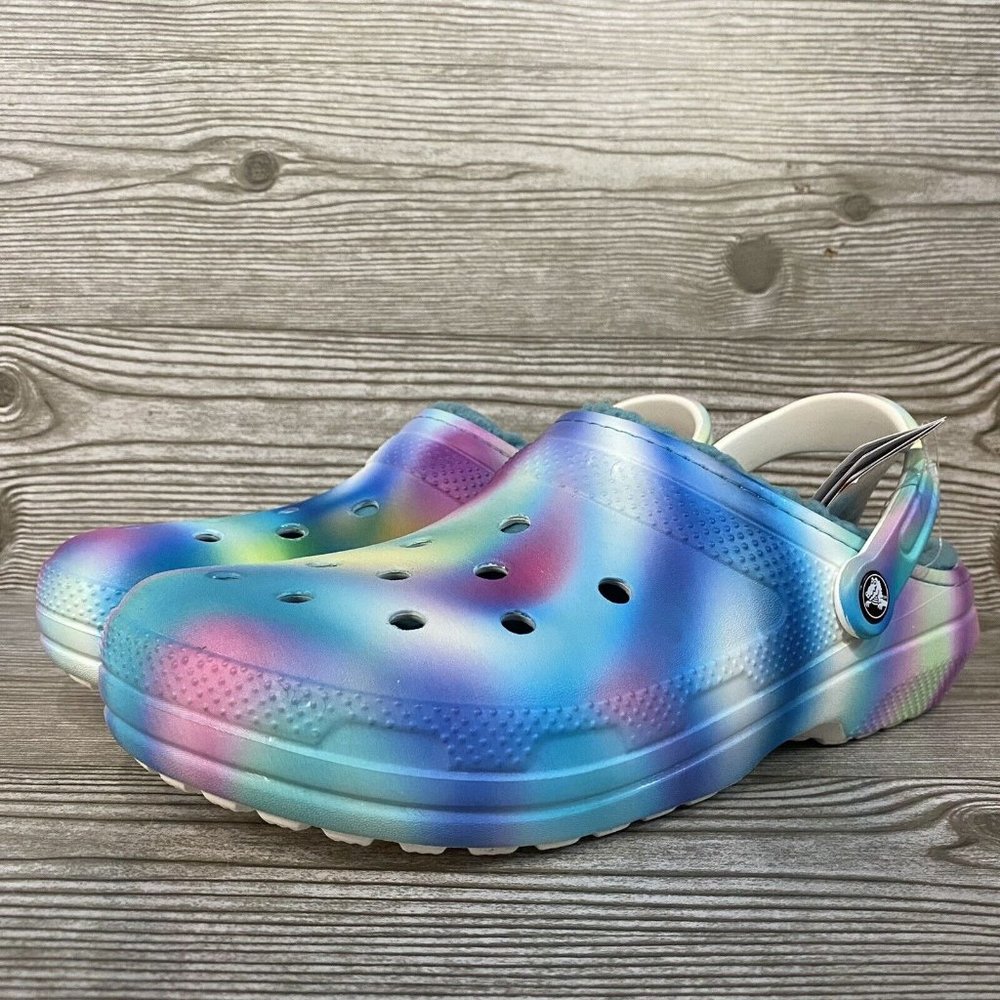 CROCS CLASSIC BLUE TIE DYE FAUX FUR LINED MULES 7W/5M NEW